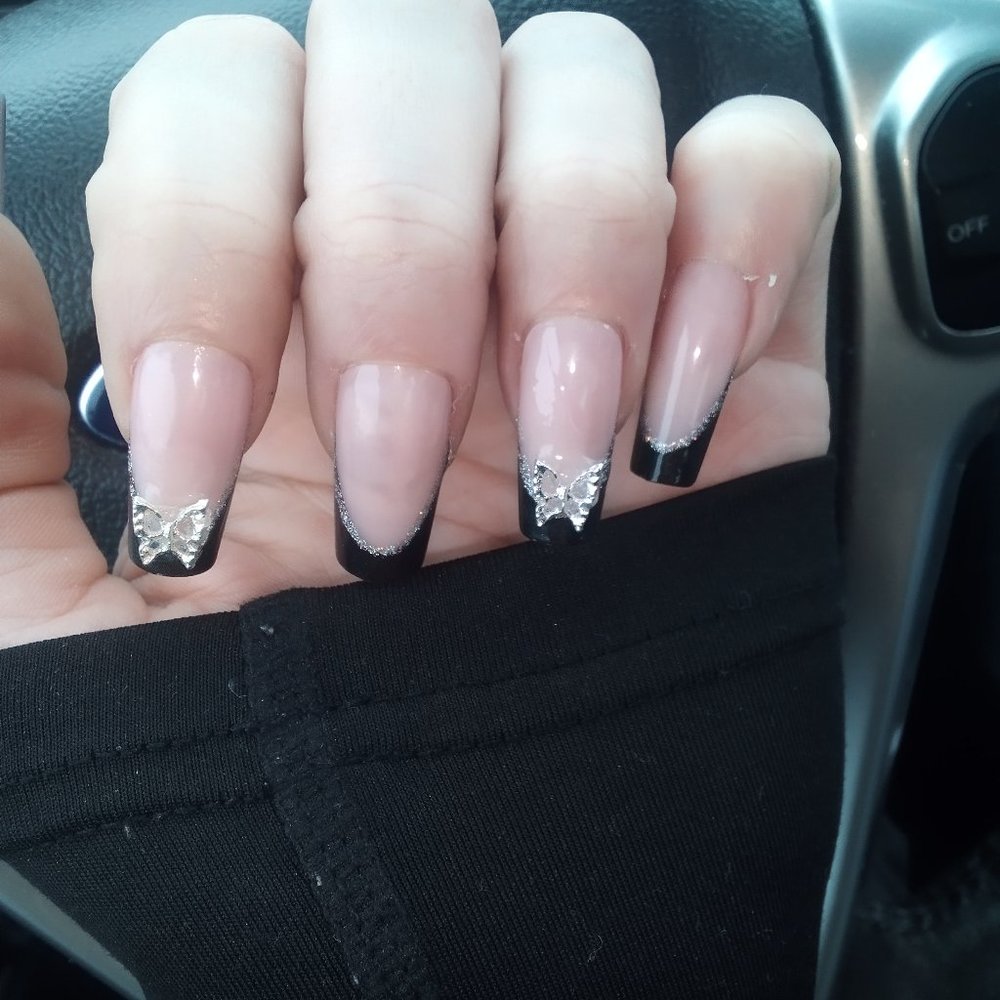 Mid Length black tip glitter nails